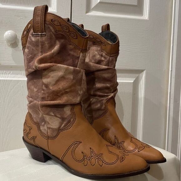 DIESEL BOOTS LEATHER/CANVAS  WESTERN COWGIRL RODEO SZ 8 RUGGED RARE ICONIC - Picture 4 of 12